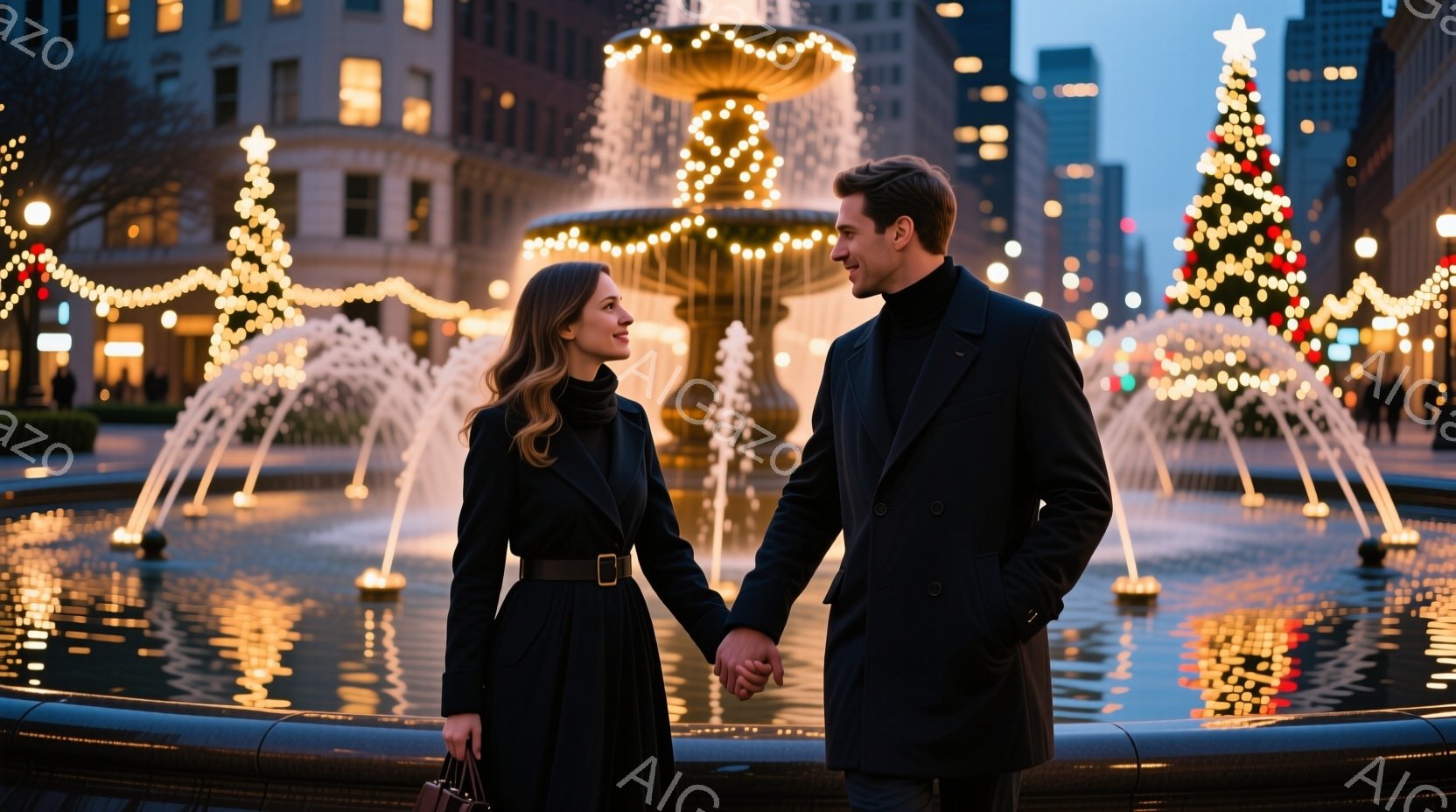 長い黒髪の女性と、ダークコートを着た男性が、噴水の前に寄り添って立っている。二人は手をつなぎ、互いに微笑み合っている様子から、愛情に満ちた穏やかな雰囲気が伝わる。背景にはクリスマスイルミネーションで飾 - AI生成フリー素材