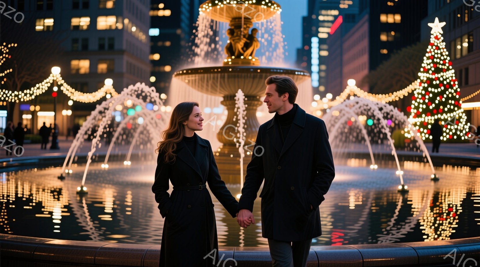 カップルは噴水の前に立っており、お互いの手を強く握り合っています。女性は長い黒いコートを着ており、髪は肩まで伸びています。背景にはクリスマスツリーの装飾が輝き、夜の街並みが広がっており、ロマンチックな - AI生成フリー素材