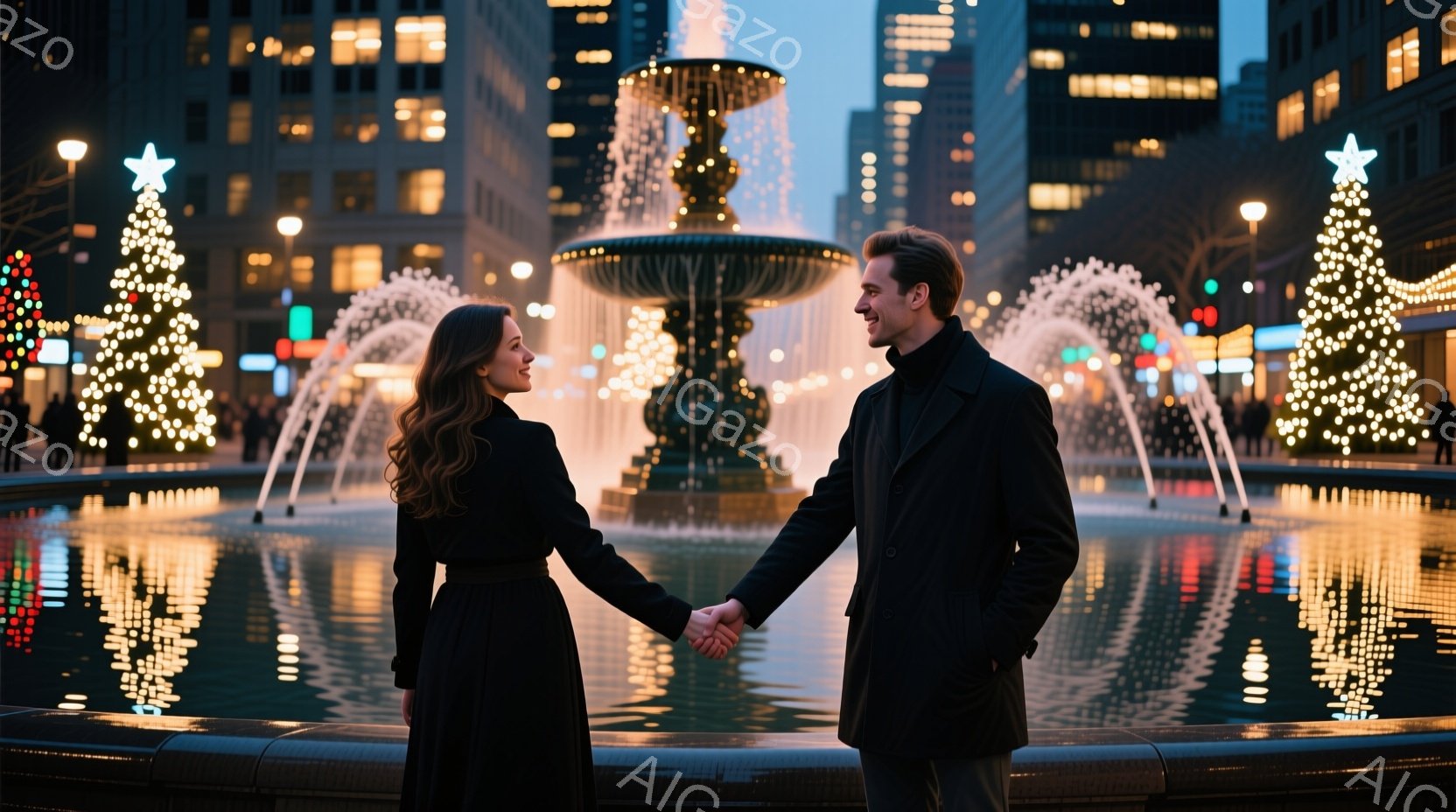 街の中心にある噴水広場で、一対の男女が手をつないで向き合っています。女性は黒いロングドレスにゆるやかなウェーブのかかった髪で、微笑みを浮かべています。男性は黒いコートを着ており、女性を見つめながら穏や - AI生成フリー素材