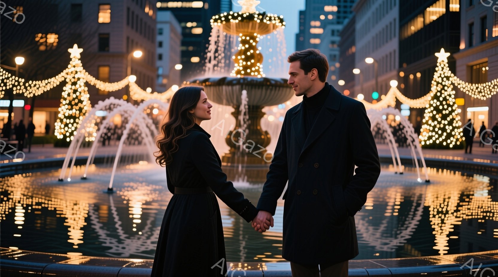 カップルが噴水の前に立っており、互いに手をつないでいます。女性は黒いロングドレスを着ており、髪は肩まで伸びたウェーブヘアです。背景にはクリスマスツリーのイルミネーションが輝き、夜の都市の風景が広がっています。
