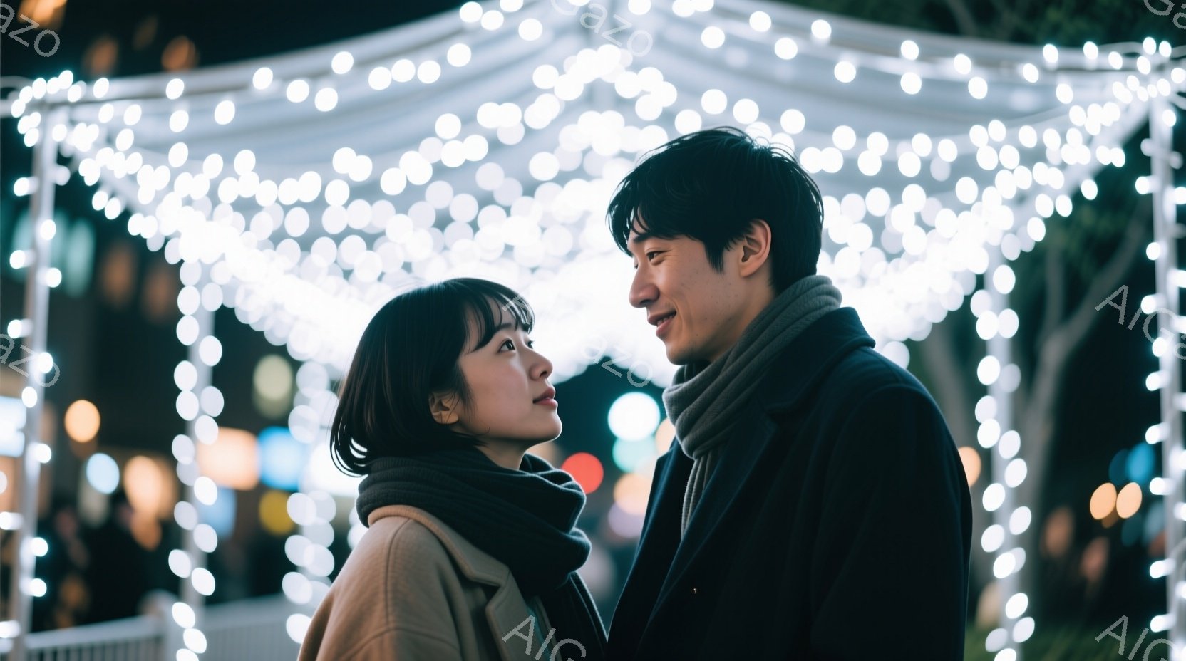 一対の男女がイルミネーションの下で寄り添い、お互いを見つめ合っている。女性はベージュ色のコートに短いダークブラウンのヘアスタイルで、穏やかな表情をしている。男性は黒いコートとマフラーを着用し、少し微笑 - AI生成フリー素材