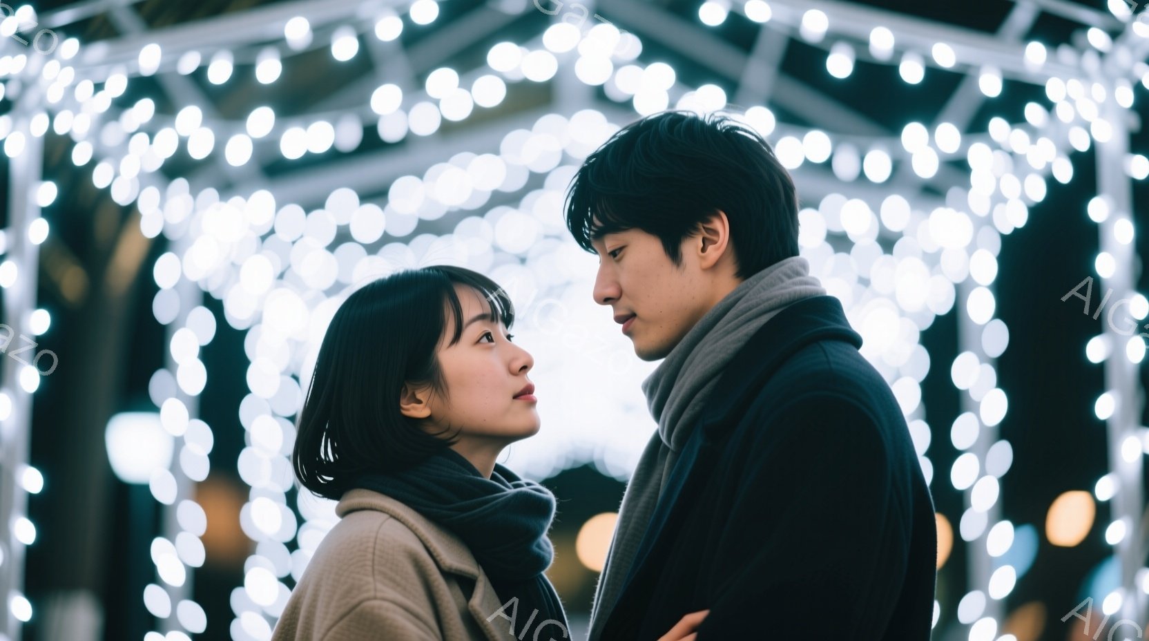 若い女性と男性が、光のトンネルの中で向き合っている。女性は短い茶色の髪で、ベージュ色のコートを着ており、男性は黒髪で、灰色のマフラーを巻いている。二人は少し顔を上げ、互いを静かに見つめ合い、温かく、ロマンチックな雰囲気が漂っている。