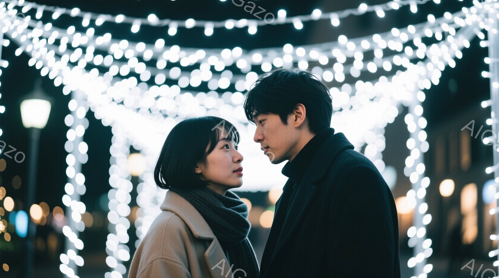 ライトアップされた背景の前で向き合って立つ男女が写っています。女性はショートヘアでベージュ色のコートを着ており、少し物憂げな表情をしています。男性は黒いコートを着ており、女性を見つめており、二人の間に - AI生成フリー素材