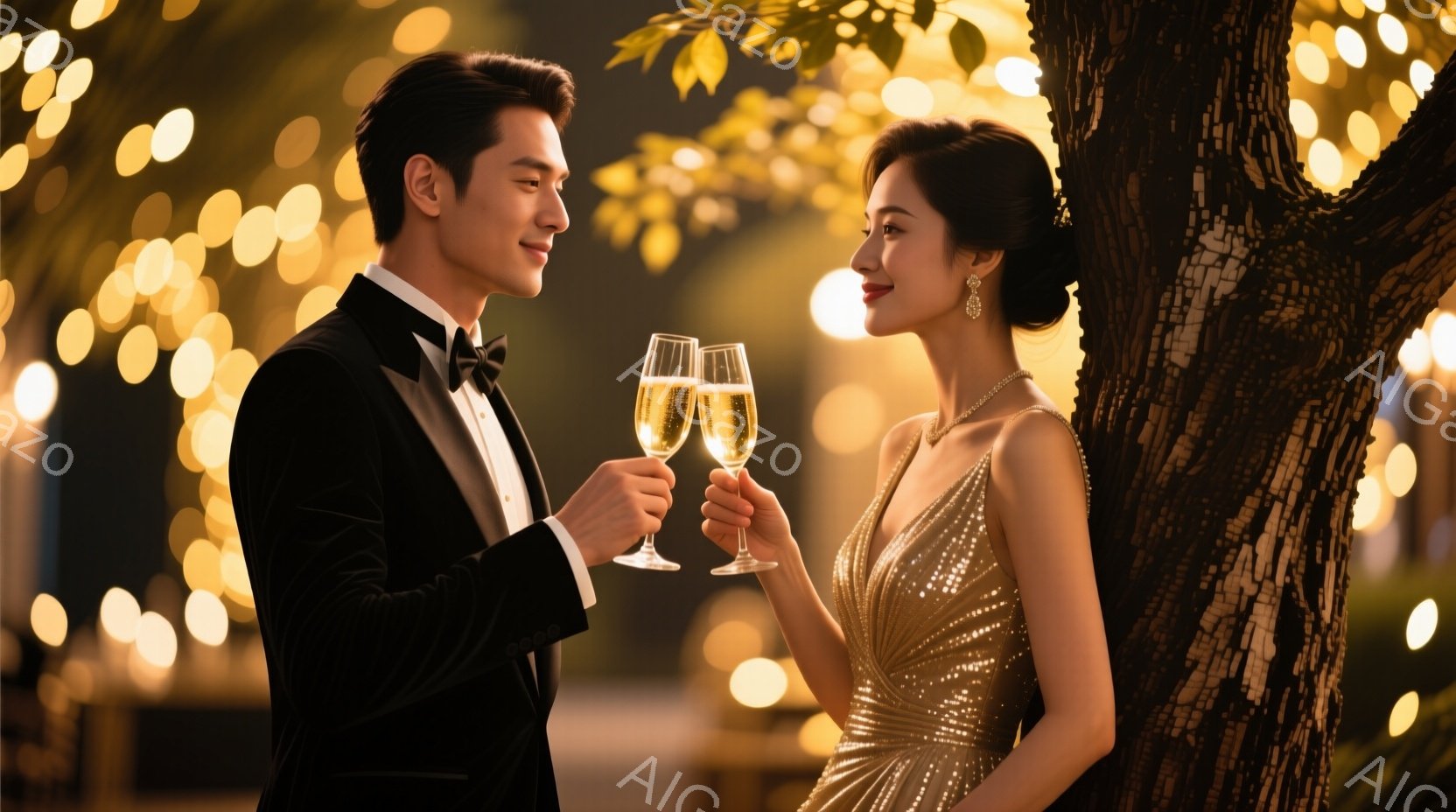 フォーマルな服装をした男女が写っています。男性は黒いタキシードと蝶ネクタイを着用し、女性はきらびやかなゴールドのドレスとドロップイヤリングを身につけ、髪を後ろでまとめられています。二人はグラスを掲げ、互いに微笑み合いながら親密な雰囲気を作り出しており、背景にはぼやけた光と木が写っています。