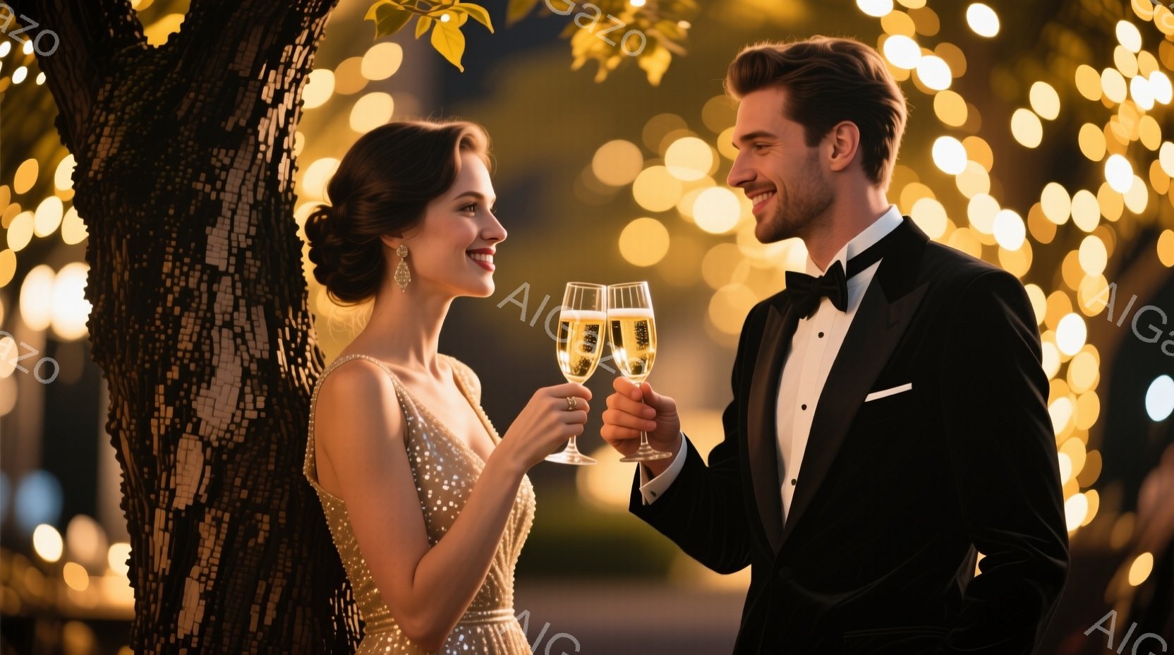 美しい女性と男性がシャンパングラスを掲げ、互いに微笑み合っている。女性は輝くスパンコールのドレスを身につけ、髪は後ろで優雅にまとめられ、男性は黒のタキシードでフォーマルな装い。背景にはぼやけた光のイル - AI生成フリー素材