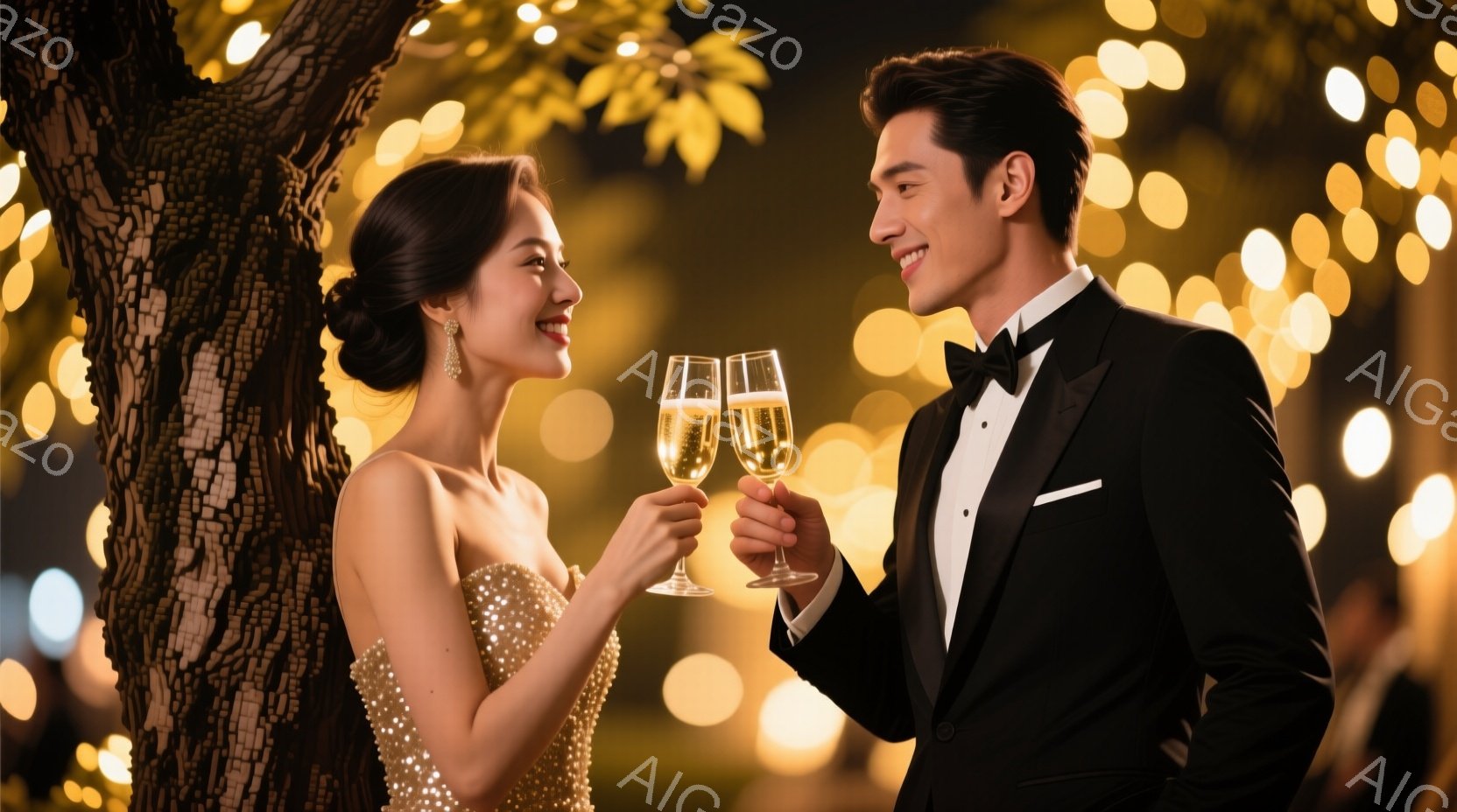 美しい女性は、キラキラと輝くゴールドのイブニングドレスを身につけ、髪を上品にまとめ、微笑んでいます。隣にはタキシードを着た男性がおり、グラスを合わせながら優しく見つめ合っています。背景にはぼやけた光の装飾と木々が見え、ロマンチックで華やかな雰囲気が漂っています。