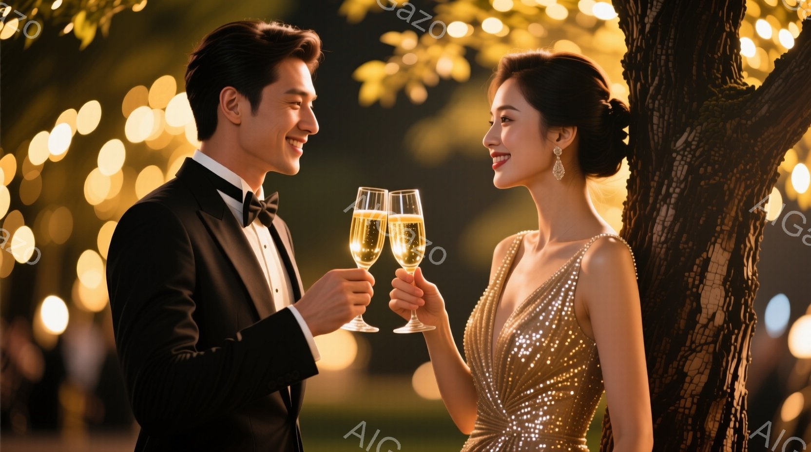 タキシードを着た男性と、キラキラしたゴールドのドレスを着た女性が互いにグラスを掲げ、微笑み合っています。背景にはぼやけた光のぼんやりとした風景と、木々が見え、優雅でロマンチックな雰囲気が漂っています。二人の表情は幸せそうで、特別な夜を祝っている様子が伺えます。