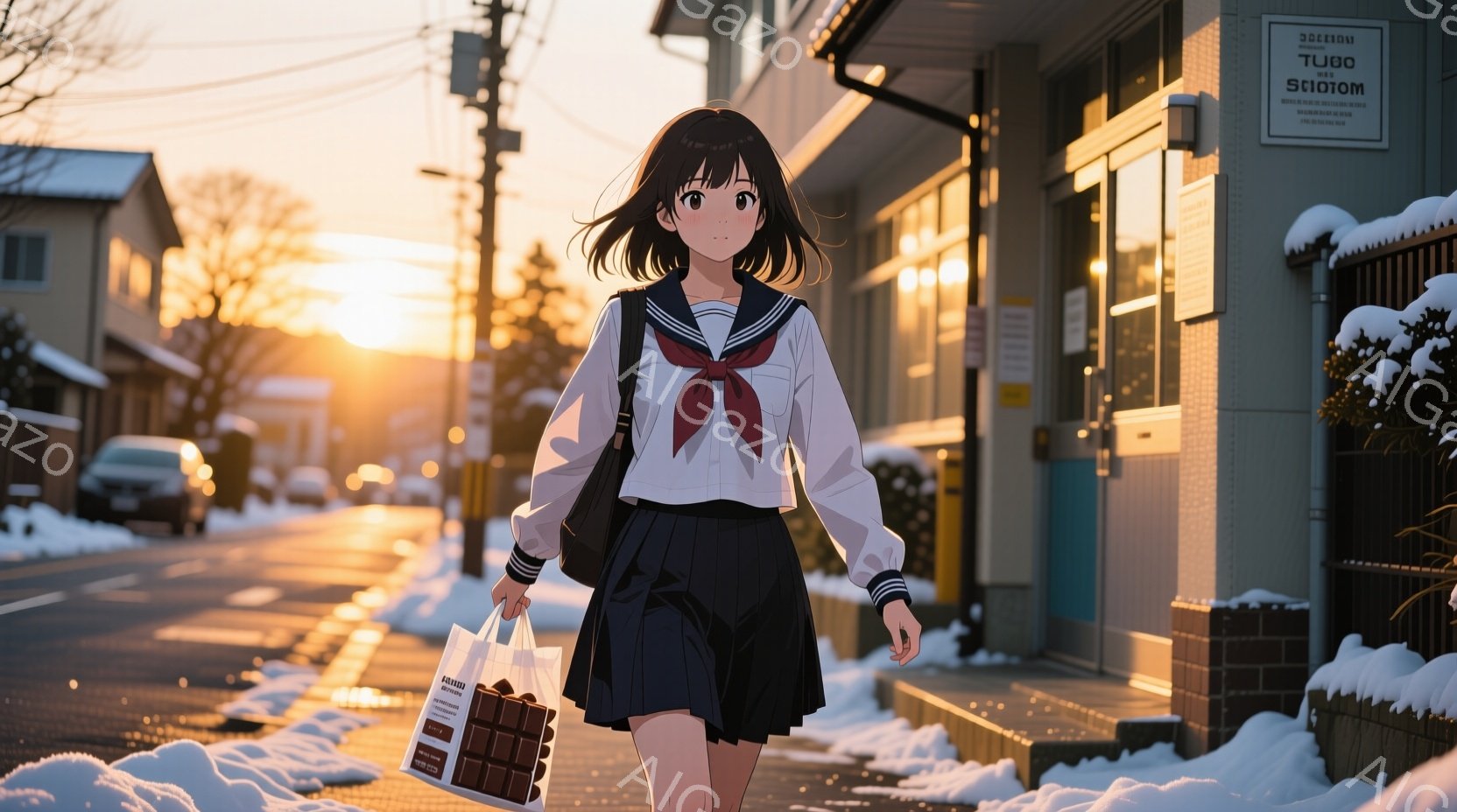冬の夕暮れ時に、女子高生が雪道を歩いている様子が描かれている。彼女は制服姿で、白いセーラーシャツに茶色のスカート、赤いリボンが特徴的である。手にはチョコレートが入った紙袋を持ち、少し微笑んでいるように見える。