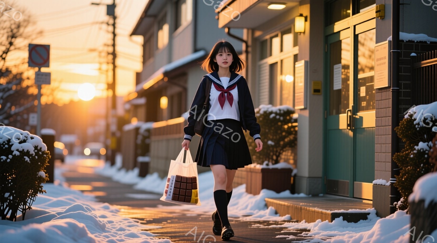 制服を着た若い女性が、雪に覆われた道を歩いている。彼女は紺色のブレザー、白いシャツ、プリーツスカート、膝丈の靴下を履いており、茶色の髪を肩まで伸ばし、前髪を少し分けている。背景にはレンガ造りの建物と、夕焼けに照らされた雪景色が広がり、冬の穏やかな雰囲気を醸し出している。