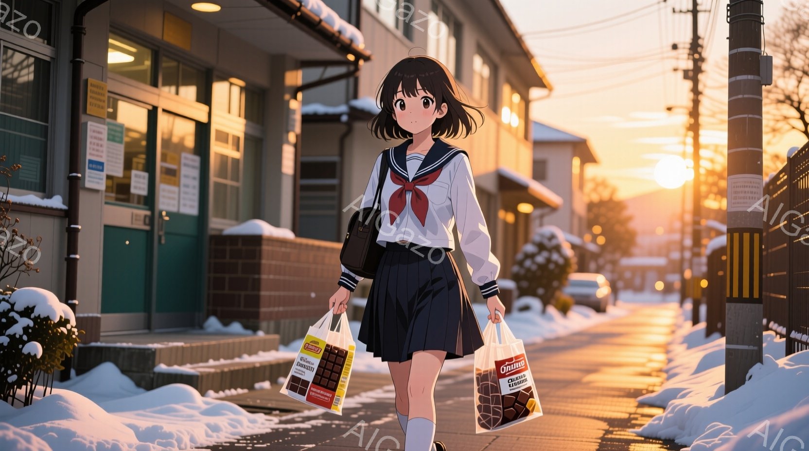 制服を着た女子高生が、両手にチョコレートの入った紙袋を持って歩いている。彼女は黒髪ショートヘアで、少し微笑んでいるように見える。背景は雪景色で、建物や電柱が並び、夕焼け空が暖かく、穏やかな雰囲気を醸し出している。