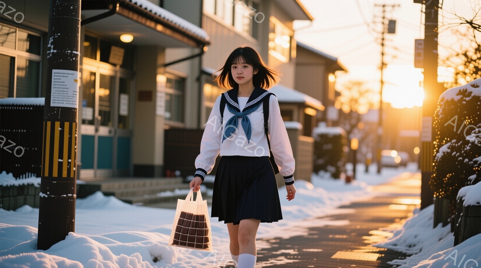冬の雪景色の中、制服を着た若い女性が写っています。彼女は白いブラウスに濃い青色のスカート、白いニーハイソックスを履き、買い物袋を手に持っています。背景には住宅が並び、夕暮れ時の暖かく穏やかな光が雪に反射し、静かで叙情的な雰囲気を醸し出しています。