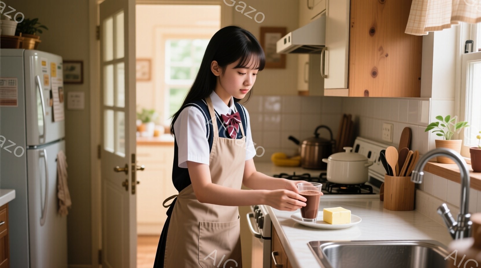 明るいキッチンで、エプロンをつけた若い女性がグラスに何かを注いでいる。彼女は黒髪で、前髪が少しだけ顔にかかっている。背景には調理器具や冷蔵庫が見え、全体的に暖かく穏やかな家庭的な雰囲気が漂っている。