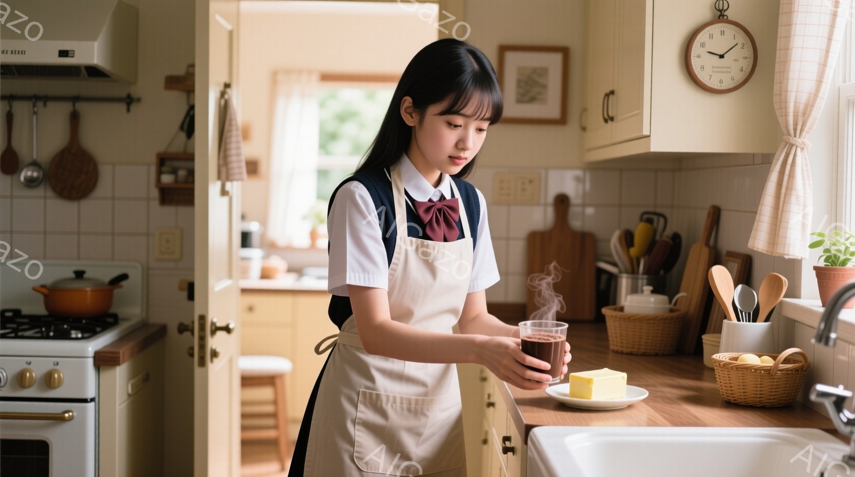 茶色のエプロンをつけた若い女性がキッチンで熱い飲み物（おそらくコーヒーかココア）を手に持っています。彼女は白いブラウスとネクタイを着用し、髪は肩まで伸ばしたストレートヘアです。背景にはクリーム色のキッチンキャビネット、調理器具、そして窓から見える緑豊かな風景があり、全体的に温かく穏やかな家庭的な雰囲気が漂っています。