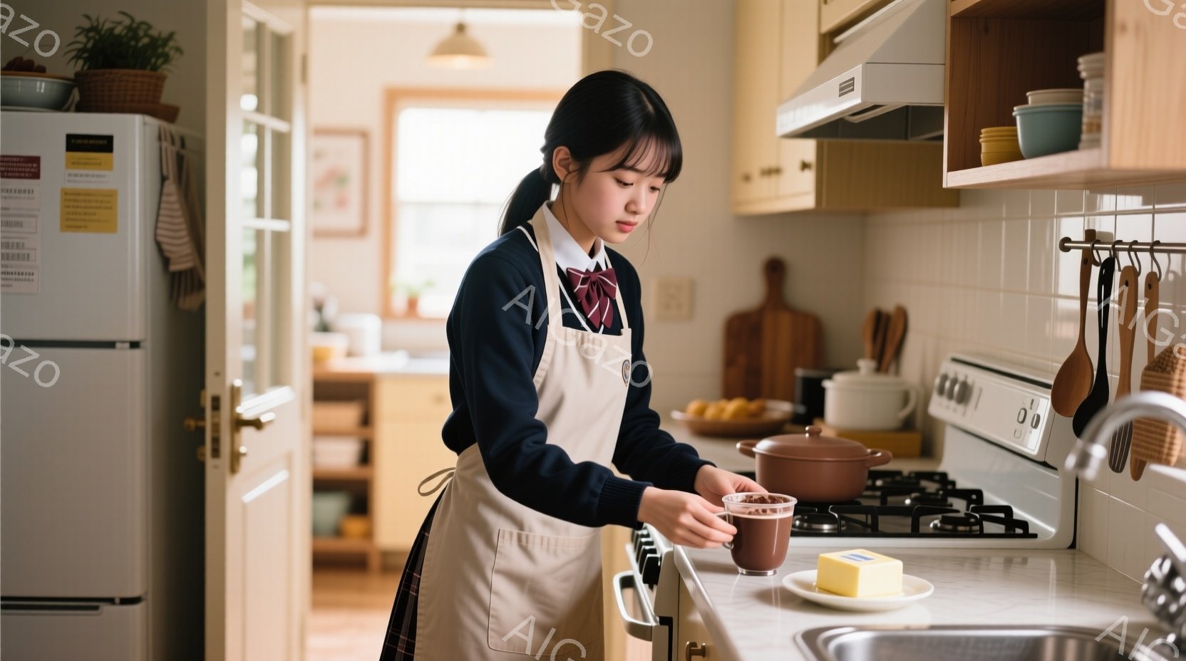 制服姿の若い女性がキッチンで何かを作っている様子が写っています。彼女はベージュのエプロンを着用し、濃い色のプリーツスカートとセーラーカラーのブラウスを着ています。キッチンの背景には冷蔵庫や調理器具が見え、明るく清潔な家庭的な雰囲気が漂っています。