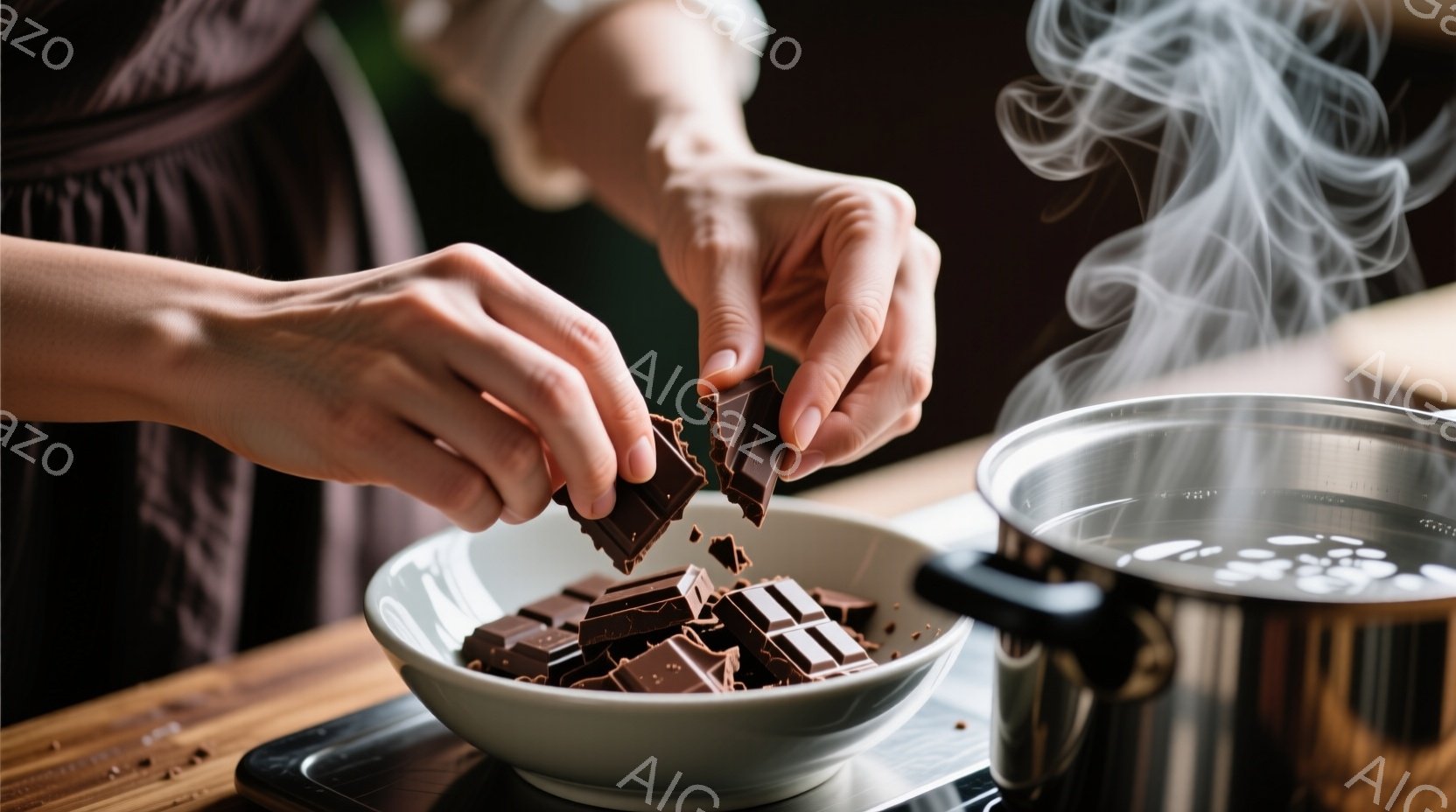 チョコレートを割る手が写っている写真です。白いボウルの中に割れたチョコレートが積み重ねられ、ステンレス製の鍋からは湯気が立ち上っています。木製のテーブルと暗い背景が暖かく、お菓子作りや手作りの温かい雰囲気を醸し出しています。