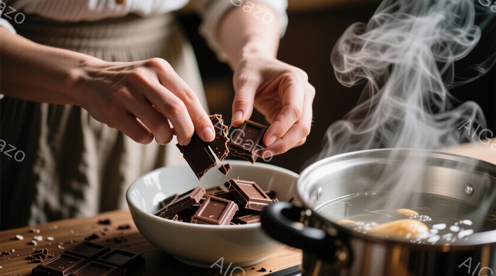 白いボウルにチョコレートを落としている手が写っている。背景には湯気が立ち上る鍋と、木製のテーブルがぼやけて見える。温かく、手作り感のある雰囲気が漂い、チョコレート作りの過程を捉えている。