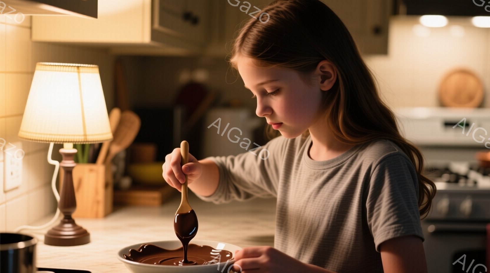 長い茶色の髪をサイドに流した少女が、キッチンでチョコレートを混ぜています。グレーの長袖シャツを着ており、真剣な表情でチョコレートに集中しています。背景には木製のキャビネット、ランプ、オーブンが見え、温かく落ち着いた家庭的な雰囲気が漂っています。