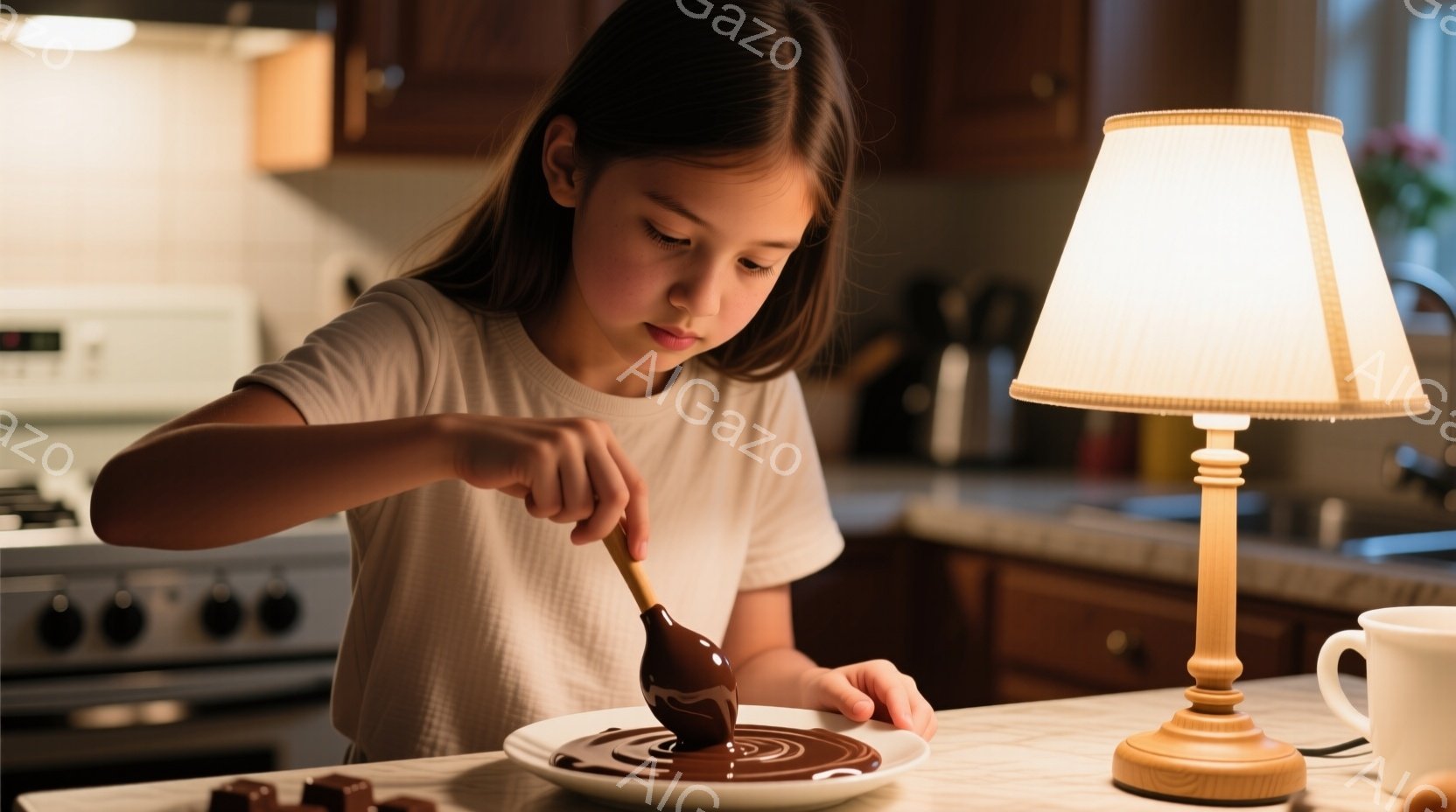 茶髪の少女がキッチンで溶かしたチョコレートをスプーンで皿に広げています。白いTシャツを着ており、集中した表情で作業に没頭しています。背景には調理台や食器棚が見え、暖色系の照明が温かい雰囲気を醸し出しています。