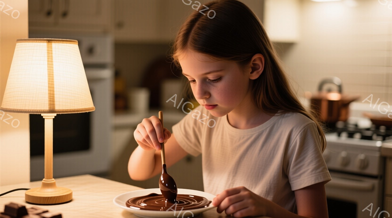 長い茶色の髪をした少女が、白いTシャツを着てキッチンで溶けたチョコレートをスプーンでなめながら作業をしている。彼女は集中した表情でチョコレートを扱っており、背景にはキッチン家電や調理器具が見える。暖色の照明とチョコレートの色が組み合わさり、温かく居心地の良い雰囲気を醸し出している。