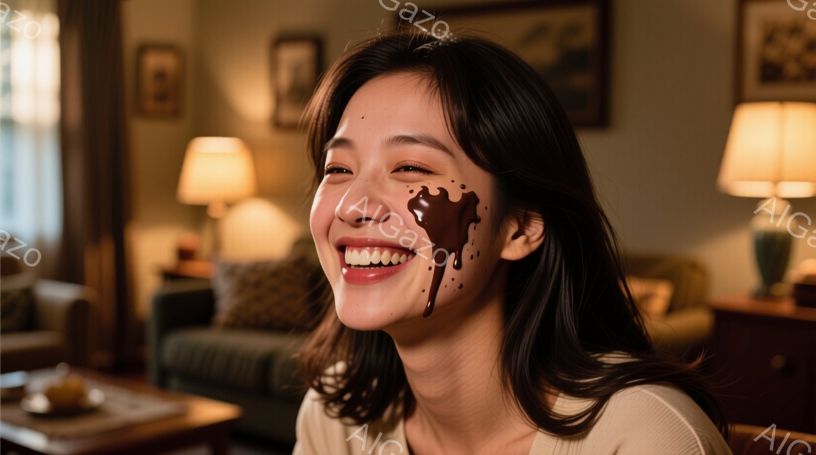長い黒髪を肩にかけた女性が、満面の笑みを浮かべている。彼女の頬にはチョコレートのようなものが滴っており、遊び心のある瞬間を捉えている。背景には、暖色のソファや家具、そして絵画が飾られたリビングルームが - AI生成フリー素材