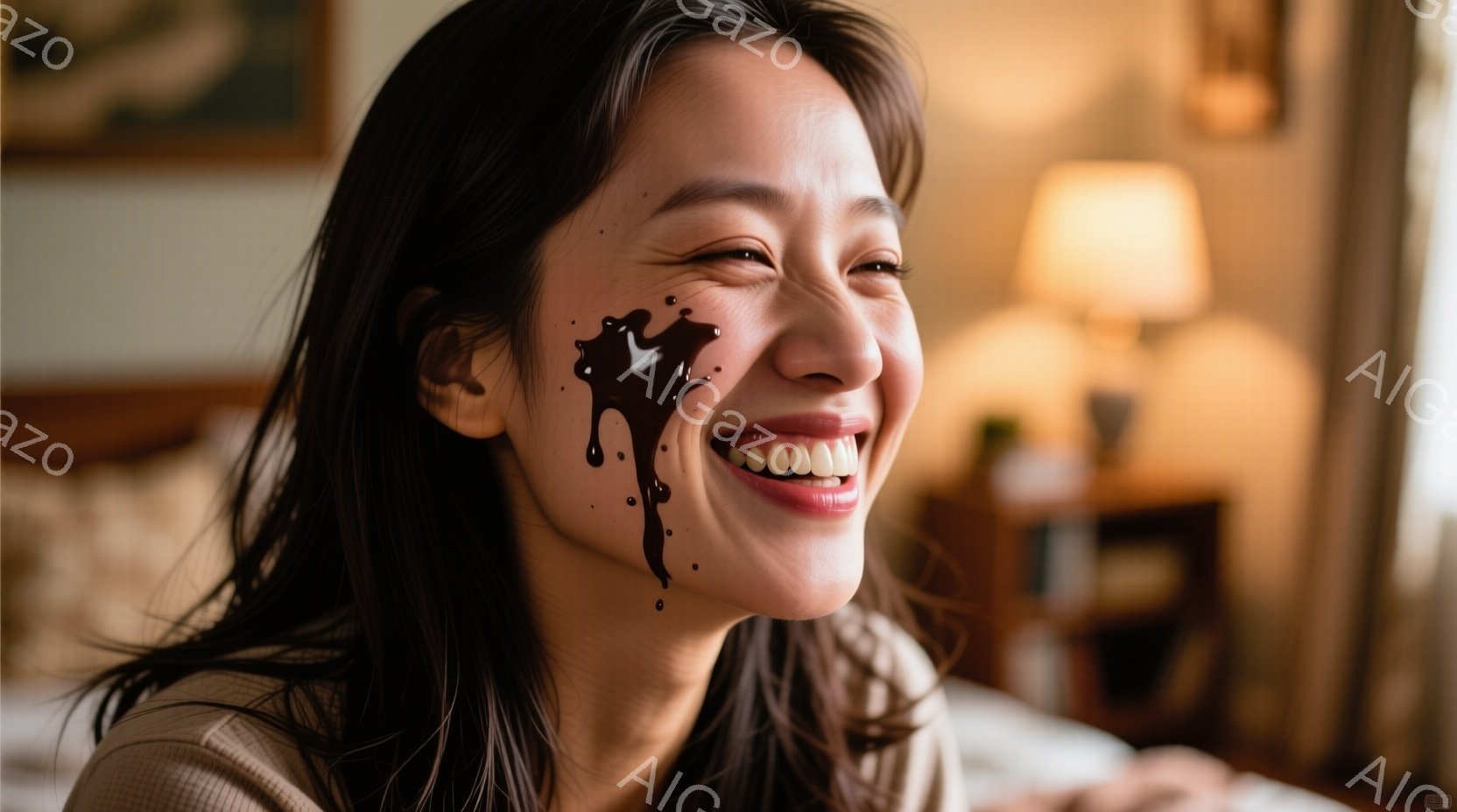 長い黒髪を無造作に後ろに流した女性が、満面の笑みを浮かべている。顔にはチョコレートのようなものが垂れており、楽しげな雰囲気を醸し出している。背景にはベッドや家具が見え、暖かい光に包まれた室内でリラック - AI生成フリー素材
