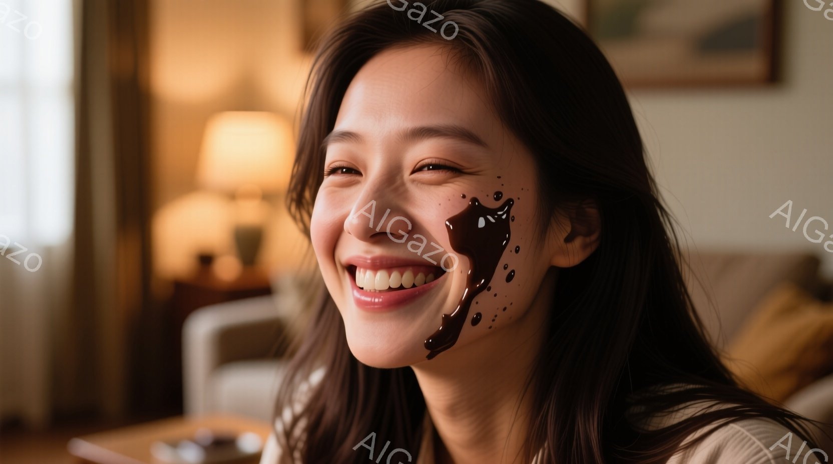 長いダークブラウンの髪をした女性が、笑顔でカメラを見つめています。頬にはチョコレートソースのようなものが垂れており、楽しそうな雰囲気です。背景は明るいリビングルームで、オフホワイトのセーターを着ていま - AI生成フリー素材