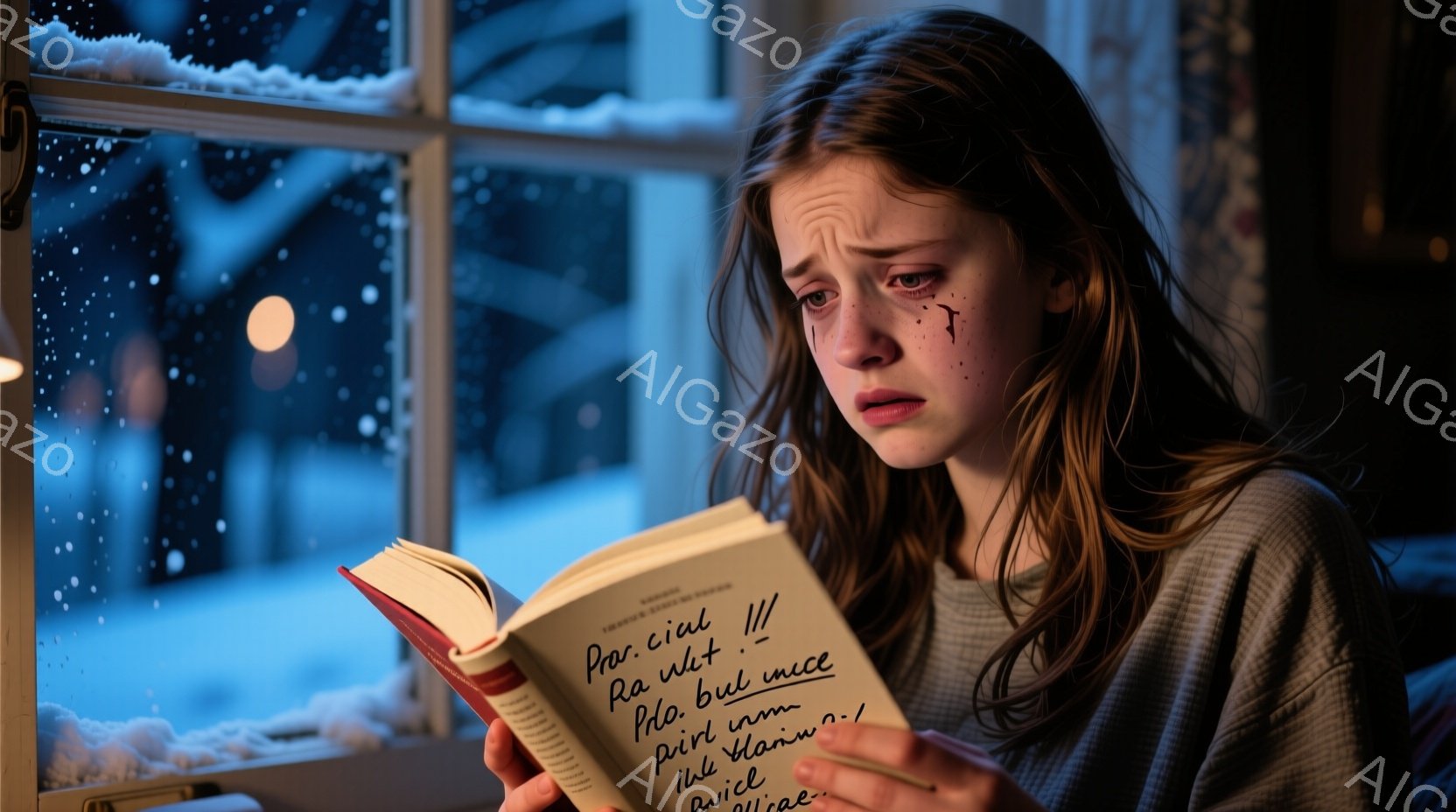 若い女性が窓辺に座り、本を読んでいます。彼女はグレーのセーターを着ており、髪は肩まで伸びていて、少し乱れています。彼女の顔には涙が流れ落ちており、悲しみや苦痛を抱いている様子が伺えます。窓の外は雪が降っており、背景にはぼんやりと建物が見えます。