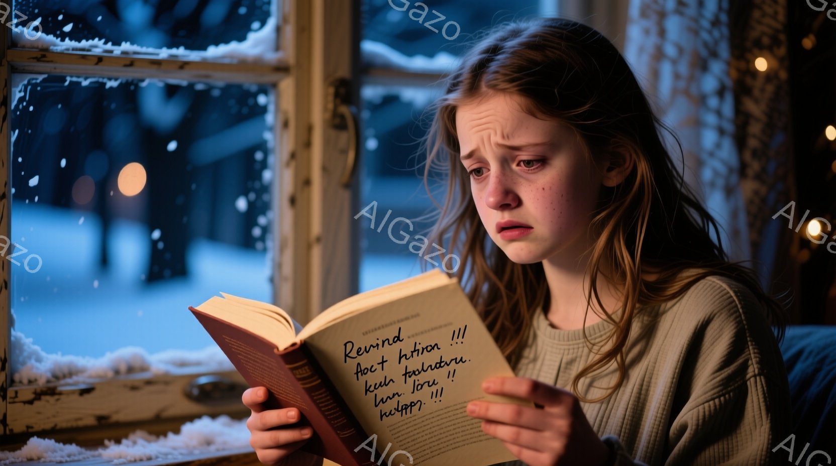 若い女性が窓辺で本を読んでいます。彼女はグレーのセーターを着ており、髪は後ろで三つ編みにされています。雪が降る暗い夜の、家の外のぼやけた光景が見えます。 - AI生成フリー素材