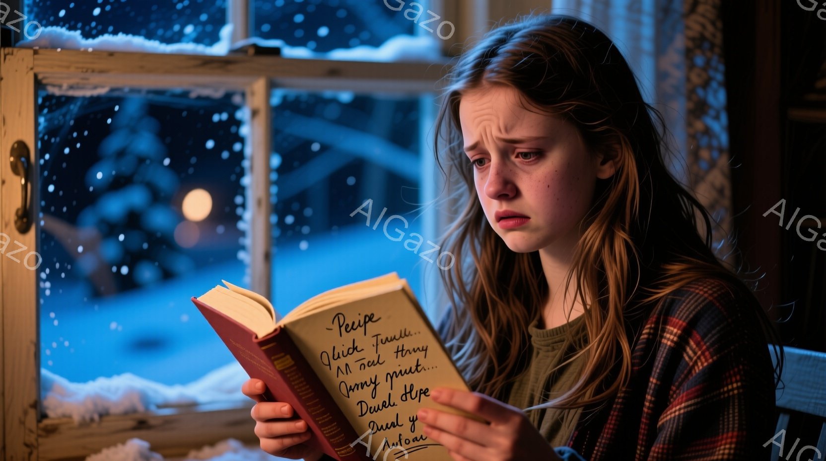 暖かい照明の下、赤い表紙の本を熱心に読んでいる若い女性を描写しています。彼女は長いブロンドの髪を無造作にまとめ、深い悲しみを表す憂鬱な表情をしています。背景には雪が降る夜の風景がぼんやりと見え、静かで物悲しい雰囲気が漂っています。