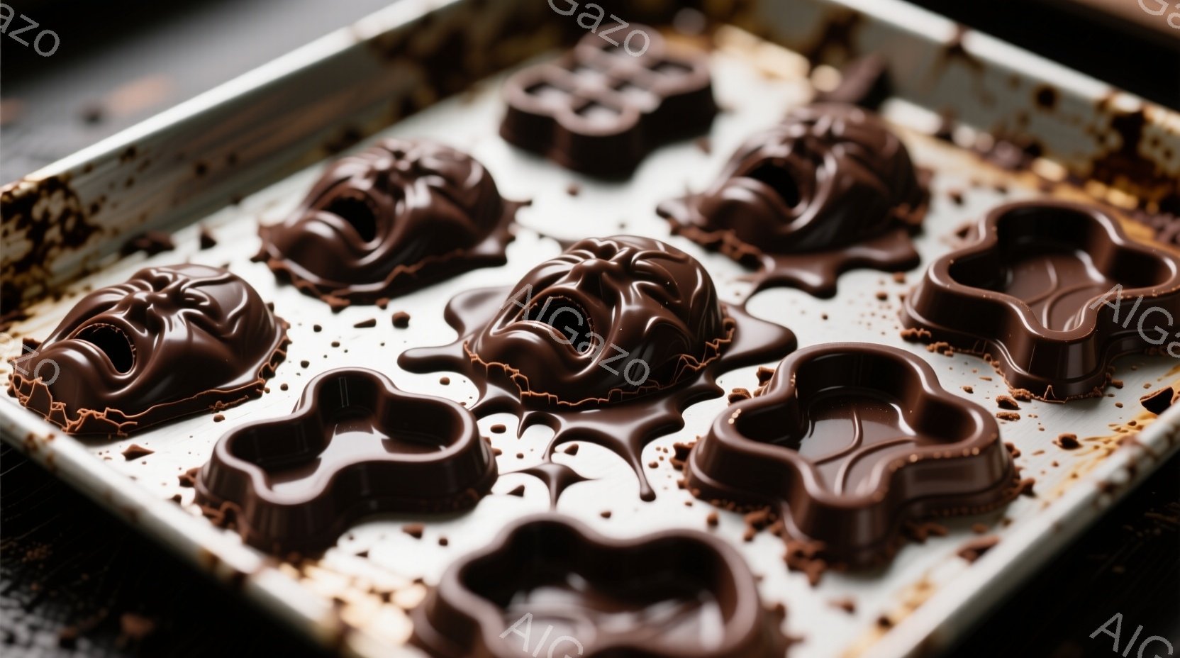 チョコレート製の不気味な顔のモールドが、使用された後の天板に並べられています。これらの顔は苦悶の表情をしており、口を大きく開けて歪んだ形をしています。背景は金属製の天板で、茶色いチョコレートの跡が点在しており、ハロウィンやホラーを連想させる不気味な雰囲気を醸し出しています。