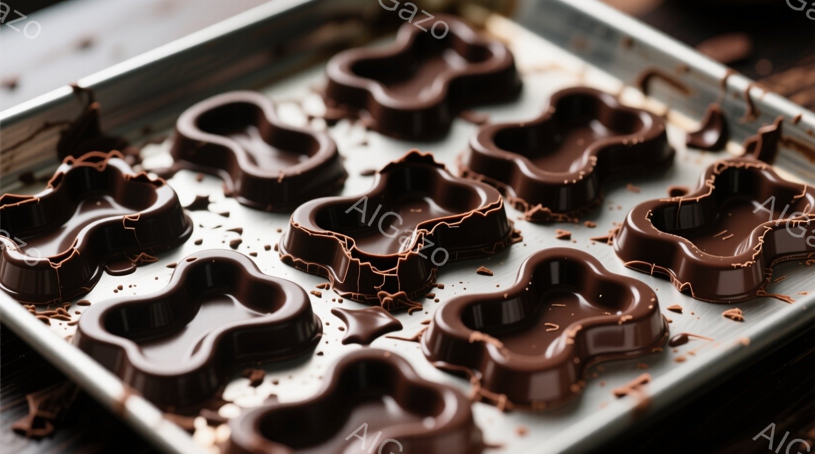 チョコレートの型に入れられた茶色のチョコレートが、銀色のトレイいっぱいに並んでいます。いくつかのチョコレートは型から取り出されており、その周りにはチョコレートのかけらが散らばっています。全体的に、チョコレート製造または準備の段階を表す、美味しそうな雰囲気のクローズアップ写真です。