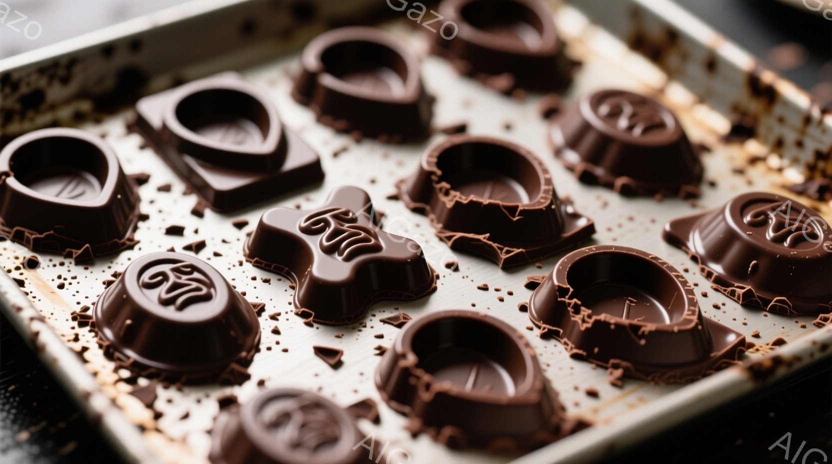 チョコレートの型抜きが並べられた、使用済みの天板の写真です。深みのある茶色のチョコレート菓子には、複雑な模様が刻印されており、一部は溶けかけ、型からはみ出しています。背景は金属製の天板で、チョコレートの破片が散らばっており、手作りのお菓子の温かみと楽しさが伝わってきます。