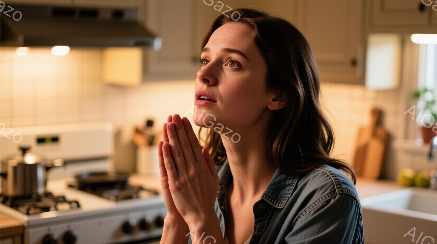 キッチンで祈るように見える若い女性が写っています。彼女はデニムシャツを着ており、髪は肩まで伸びたゆるいカールです。彼女の表情は祈りの対象を見上げる真剣さを示し、両手を合わせて祈っています。