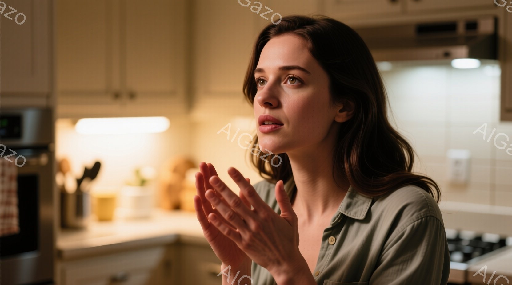 明るいキッチンで、茶髪の女性が両手を前に広げて何かを説明している様子が写っている。彼女はベージュ色のシャツを着ており、表情は真剣で、やや上を見ている。背景にはキッチンキャビネットや調理器具が見え、全体的に温かみのある家庭的な雰囲気である。