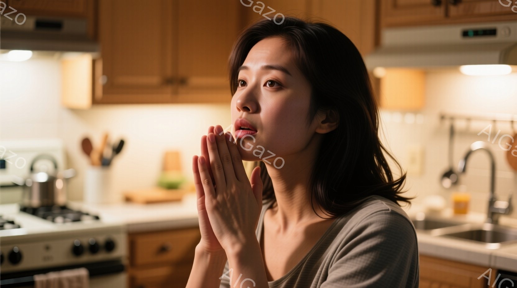 キッチンで祈るような仕草をする若い女性が写っています。彼女はグレーのTシャツを着ており、髪は肩にかかる長さで、少しうつむき加減で祈るような両手を合わせています。背景には、調理器具が並んだキッチンと、木製のキャビネットが見え、暖かく落ち着いた雰囲気が漂っています。