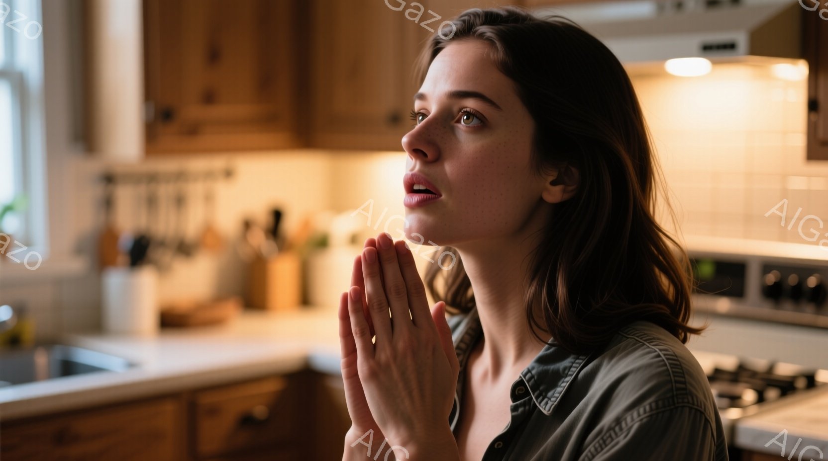 明るいキッチンで、女性が祈るような姿勢で両手を合わせています。彼女はオリーブグリーンのシャツを着ており、肩までの長さの茶色の髪をしています。背景には木製のキャビネット、ステンレス製のキッチン家電、そして窓から差し込む自然光が見え、穏やかで内省的な雰囲気が漂っています。