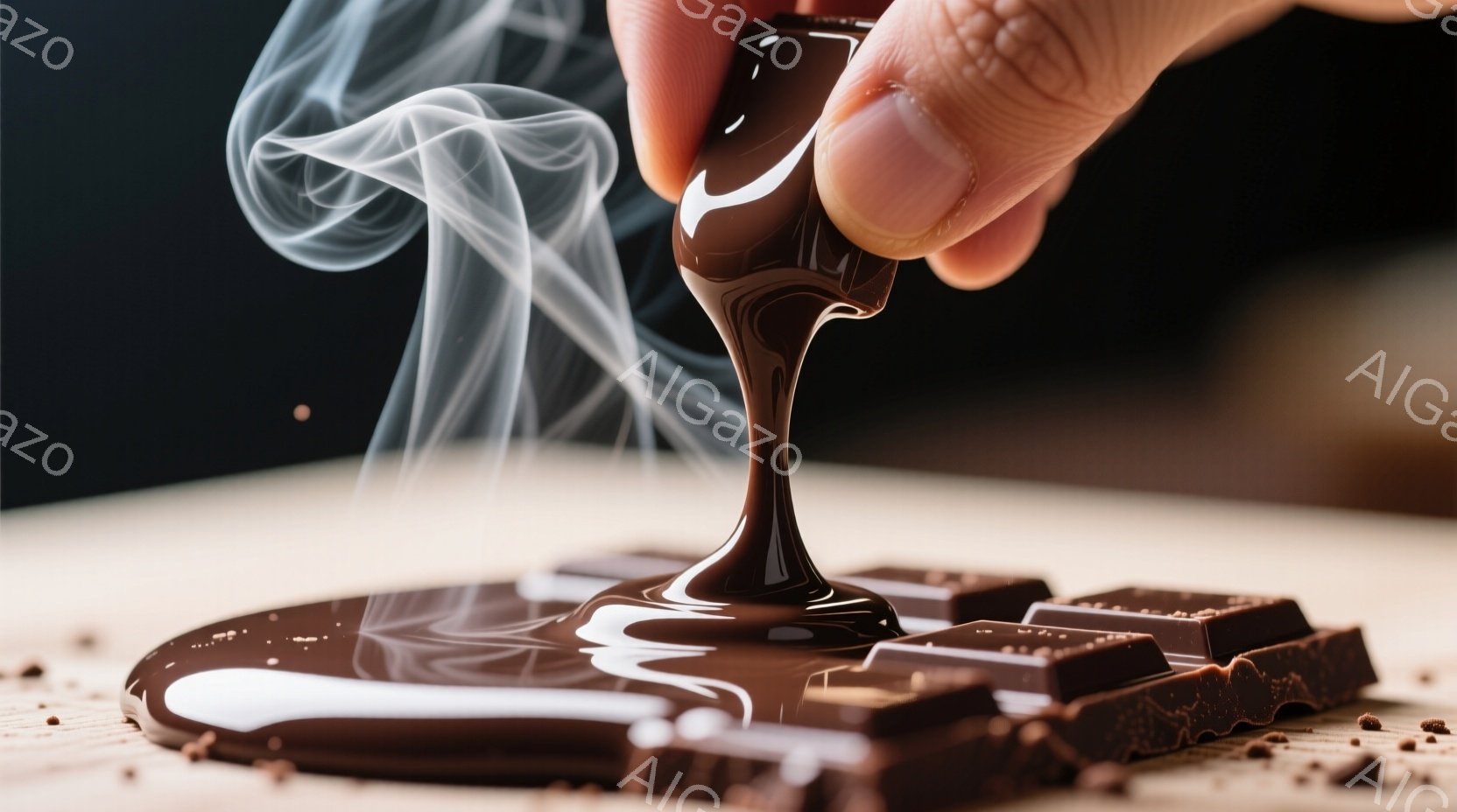 溶けたチョコレートが、四角くカットされたチョコレートの上に流れ落ちている様子が捉えられています。背景は木目調のテーブルで、チョコレートの周りには細かい削りチョコが散りばめられています。全体的に暖かく、 - AI生成フリー素材