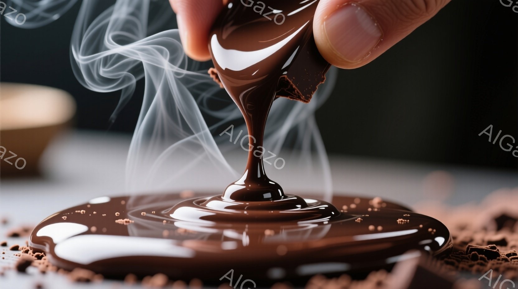 溶けたチョコレートが、空中に流れるように捉えられている。背景は暗く、チョコレートの濃い茶色が際立っている。チョコレートの下には、砕いたチョコレートの破片が見え、全体的に暖かく甘い雰囲気を醸し出している - AI生成フリー素材