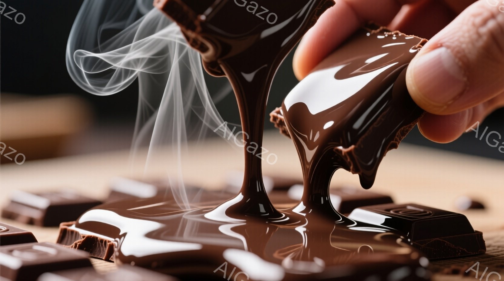 溶けたチョコレートが、四角いチョコレートの塊の上に滴り落ちる様子が捉えられています。チョコレートは光沢があり、濃厚な印象を与え、背景はぼかされており、チョコレートに焦点が当てられています。温かさと甘美 - AI生成フリー素材