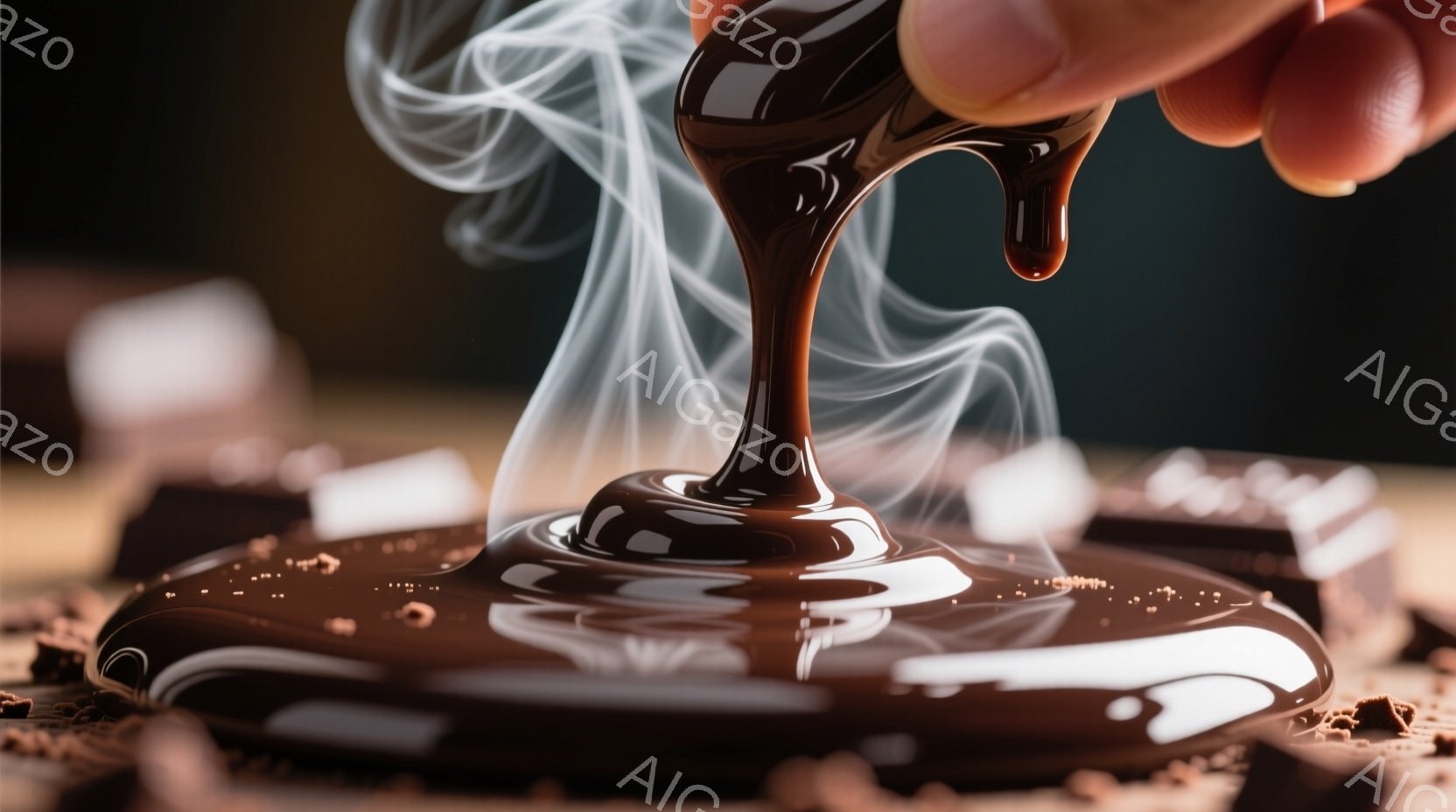 溶けたチョコレートが、空中で滴り落ちる様子が捉えられています。チョコレートは光沢があり、濃厚な色合いで、周囲にはほのかに湯気が立ち上っています。背景には砕いたチョコレートと、いくつかのチョコレートの塊 - AI生成フリー素材