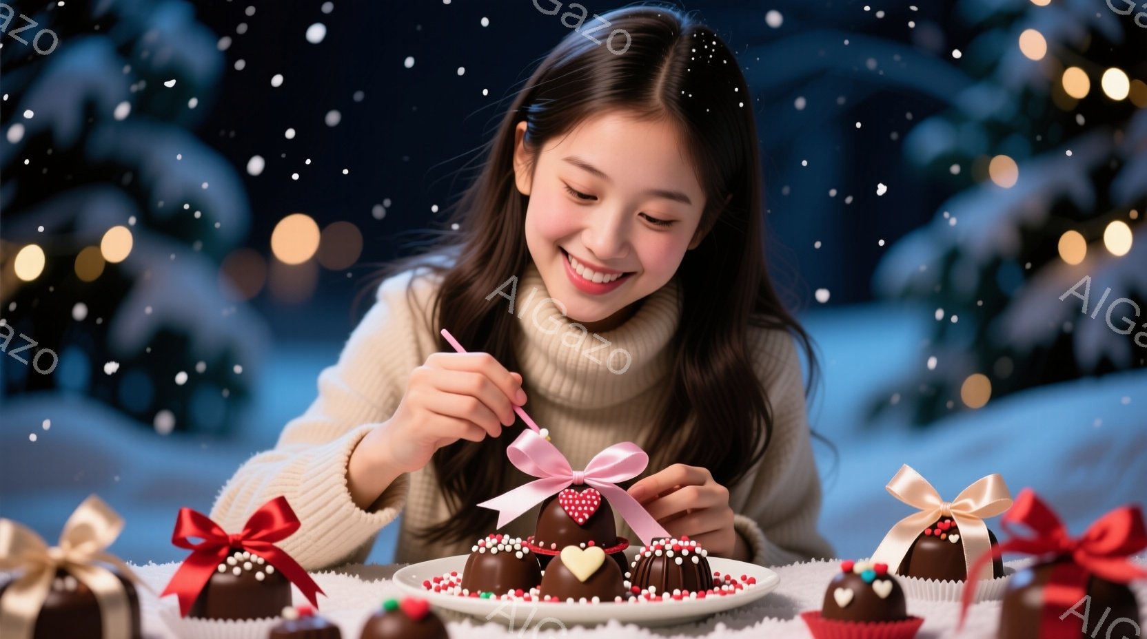 若い女性が、クリスマスのチョコレート菓子をデコレーションしている様子が写っている。彼女は白いセーターを着ており、長い髪は肩にかかっている。背景にはぼやけたクリスマスツリーと雪が舞う夜空が見え、温かく、幸せなクリスマスの雰囲気が漂っている。