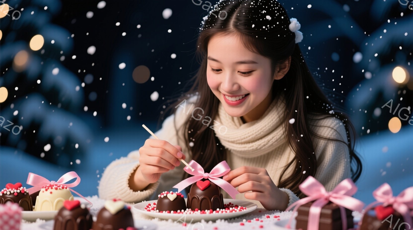 明るい笑顔の若い女性が、チョコレートのような焼き菓子にスプリンクルで飾り付けをしています。彼女は白いケーブルニットセーターを着ており、髪は後ろでまとめています。背景には、ぼやけた光のぼやけと雪が舞い、甘くて温かいクリスマスの雰囲気が漂っています。