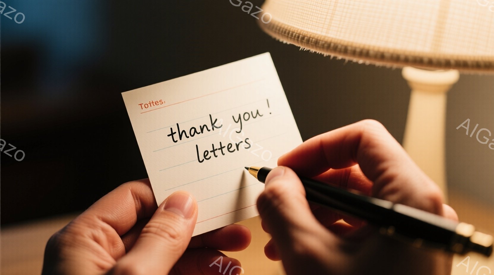 手のひらでクリーム色の紙が握られており、「thank you letters」という文字が書かれています。背景にはぼやけたランプが見え、暖かく穏やかな雰囲気を醸し出しています。手は少ししか見えていませんが、クリーム色の紙とのコントラストが印象的です。