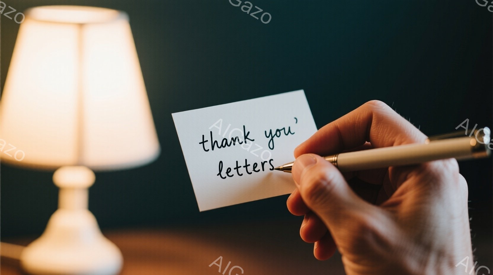 手に持たれた白いカードには「thank you」の文字が書かれており、背景にはぼやけた暖色系のランプが配置されている。手は薄い茶色の肌をしており、カードとペンを持っている。全体的に落ち着いた雰囲気で、感謝の気持ちを表しているように見える。