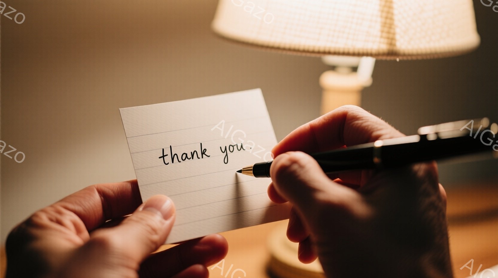 片手に白いメモ用紙が握られ、もう一方の手でペンの先がメモ用紙に近づいています。「thank you」という文字がメモ用紙に丁寧に書かれています。背景には木製のテーブルと、温かい光を放つランプが見え、全体的に落ち着いた温かい雰囲気が漂っています。
