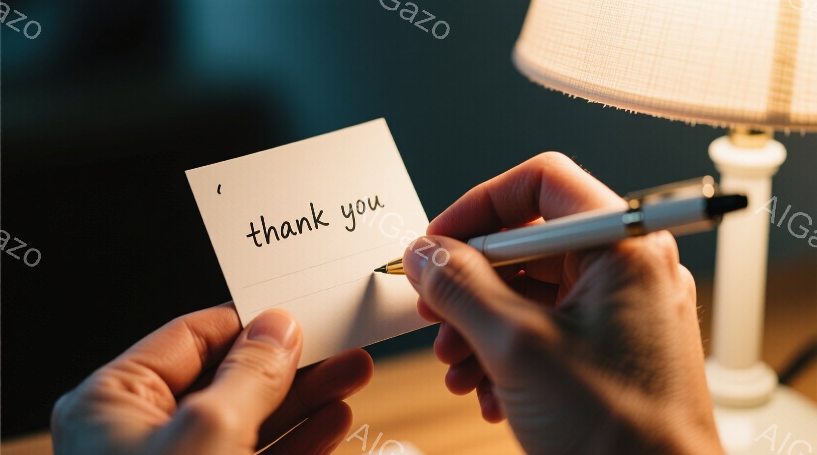 誰かの手が白い紙に「thank you」と書かれたメモをペンで書いている様子が写っています。背景には、温かい光を放つ卓上ランプと、ぼやけた木製の表面が見え、室内であることがわかります。全体的に、感謝の気持ちを伝える手書きのメッセージを作成する、穏やかで親密な雰囲気が漂っています。