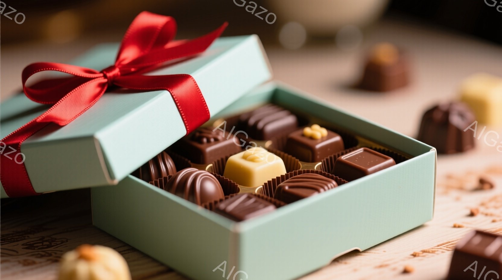 薄い水色の箱の中に、様々なチョコレートが整然と並べられています。赤いリボンが箱にかかっており、チョコレートの甘い香りが漂ってくるようです。背景には木の質感が感じられ、チョコレートの美味しさを引き立てています。