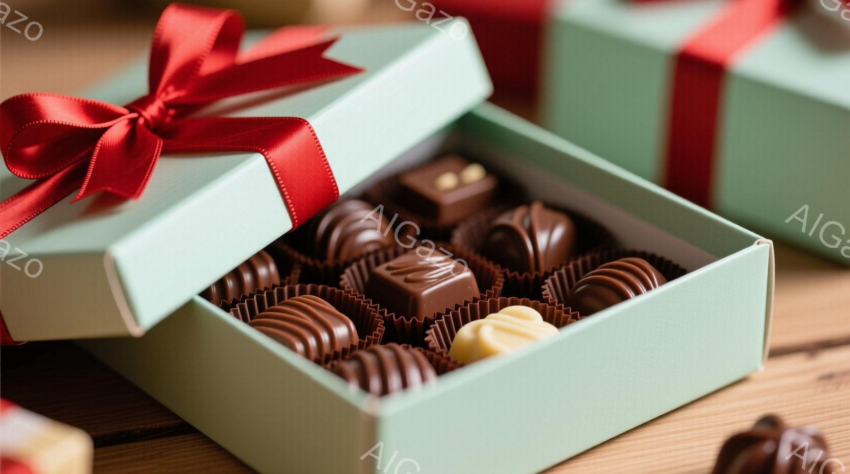 淡い緑色の箱の中に、様々なチョコレートが整然と並べられています。茶色や白のチョコレートは、フリル模様の紙で個別に包まれており、赤いリボンが箱の周りに結ばれています。木製のテーブルの上で、贈り物や特別な機会にふさわしい、甘くて上品な雰囲気が漂っています。