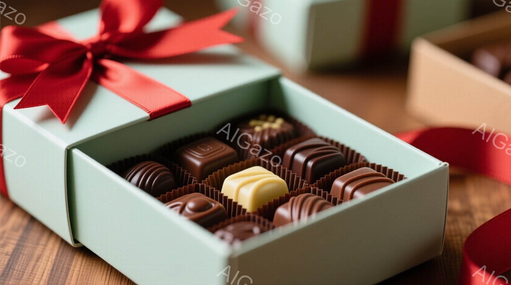 薄いミントグリーンの箱の中に、様々なチョコレートが整然と並べられています。赤色のリボンが箱に結ばれ、箱の下には他の包装紙が見え、木製のテーブルの上に置かれています。チョコレートは様々な形と色をしており、甘くて贅沢な雰囲気を醸し出しています。