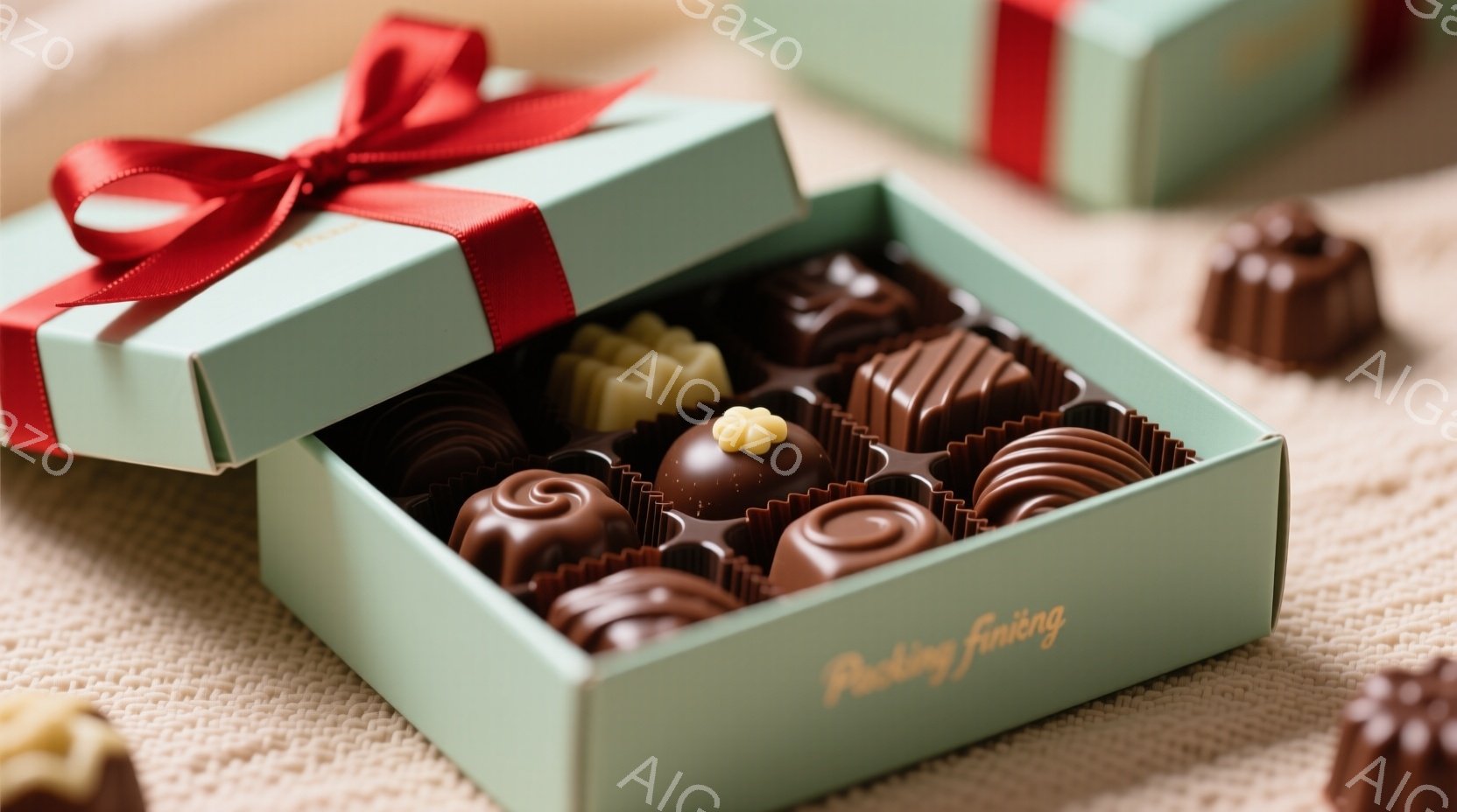 明るい水色のギフトボックスが、茶色のチョコレートで埋め尽くされています。チョコレートは様々な形とデザインで、繊細な渦巻き模様やナッツのトッピングが施されています。背景にはぼやけた茶色の布地が確認でき、 - AI生成フリー素材